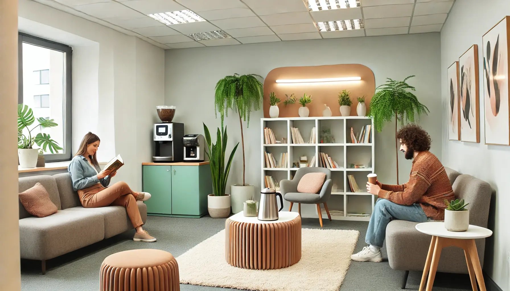 A serene and comfortable break room in an office setting. The room has cozy seating, plants, a coffee machine, and a bookshelf with various books and 
