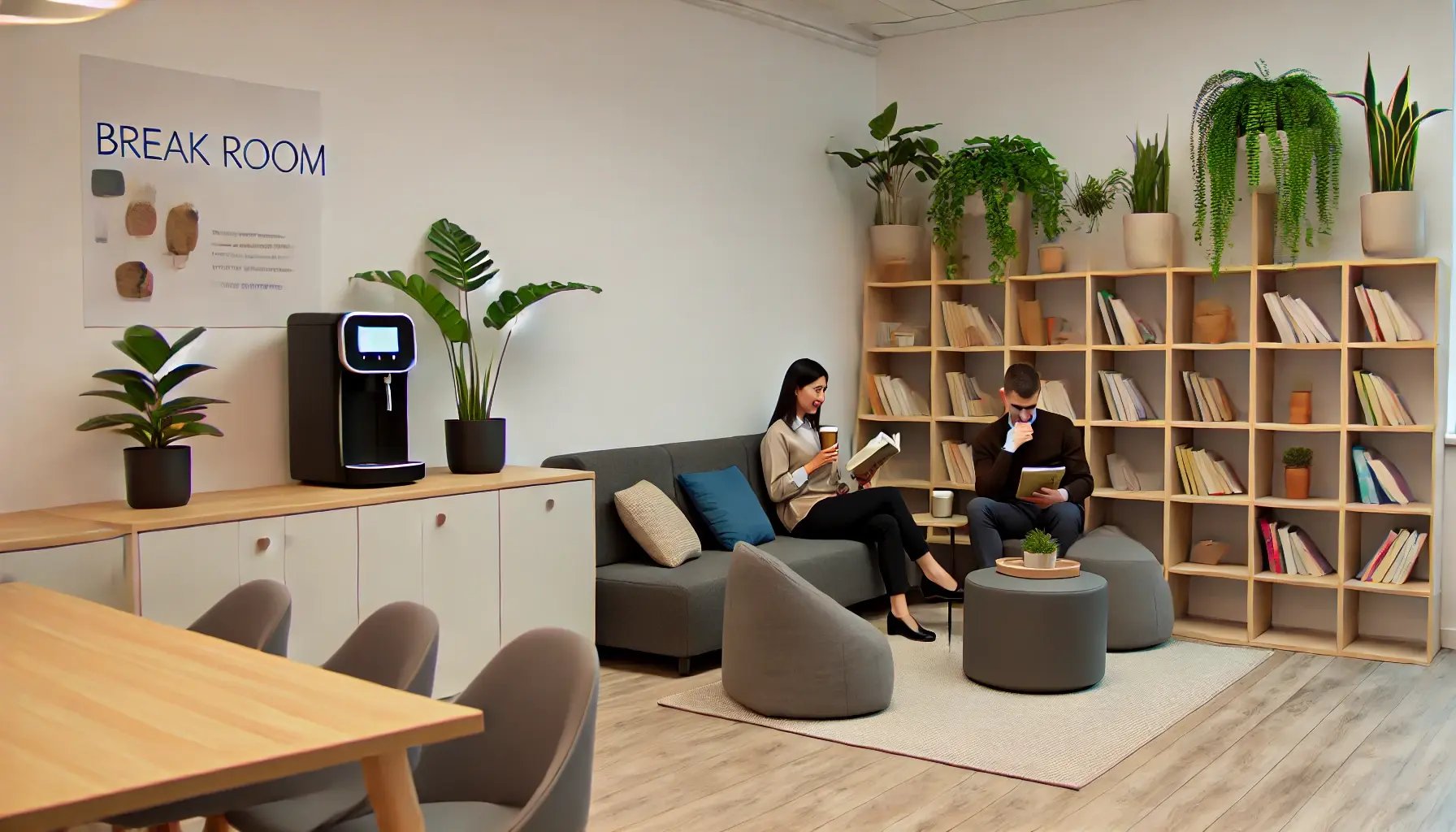 A serene and comfortable break room in an office setting. The room has cozy seating, plants, a coffee machine, and a bookshelf with various books and 