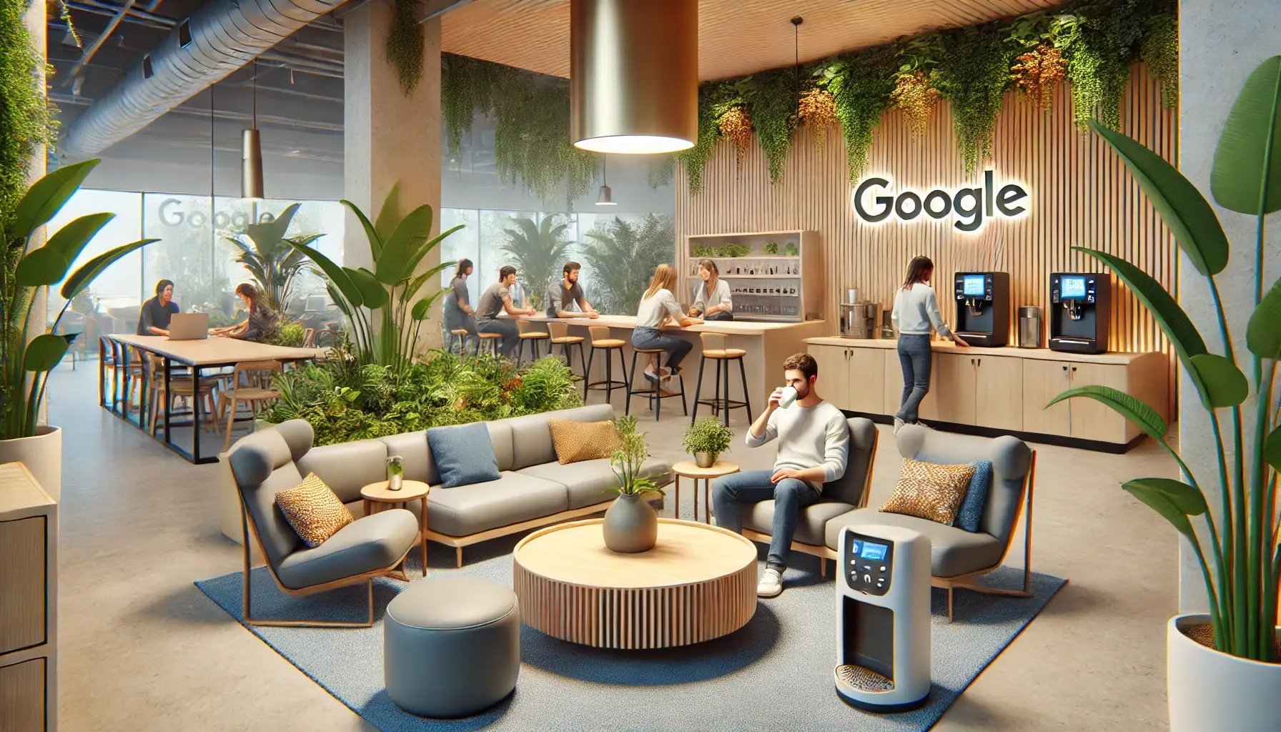  A cozy break area in Google headquarters with comfortable seating, plants, a coffee machine, and employees relaxing. Some are enjoying coffee, while o