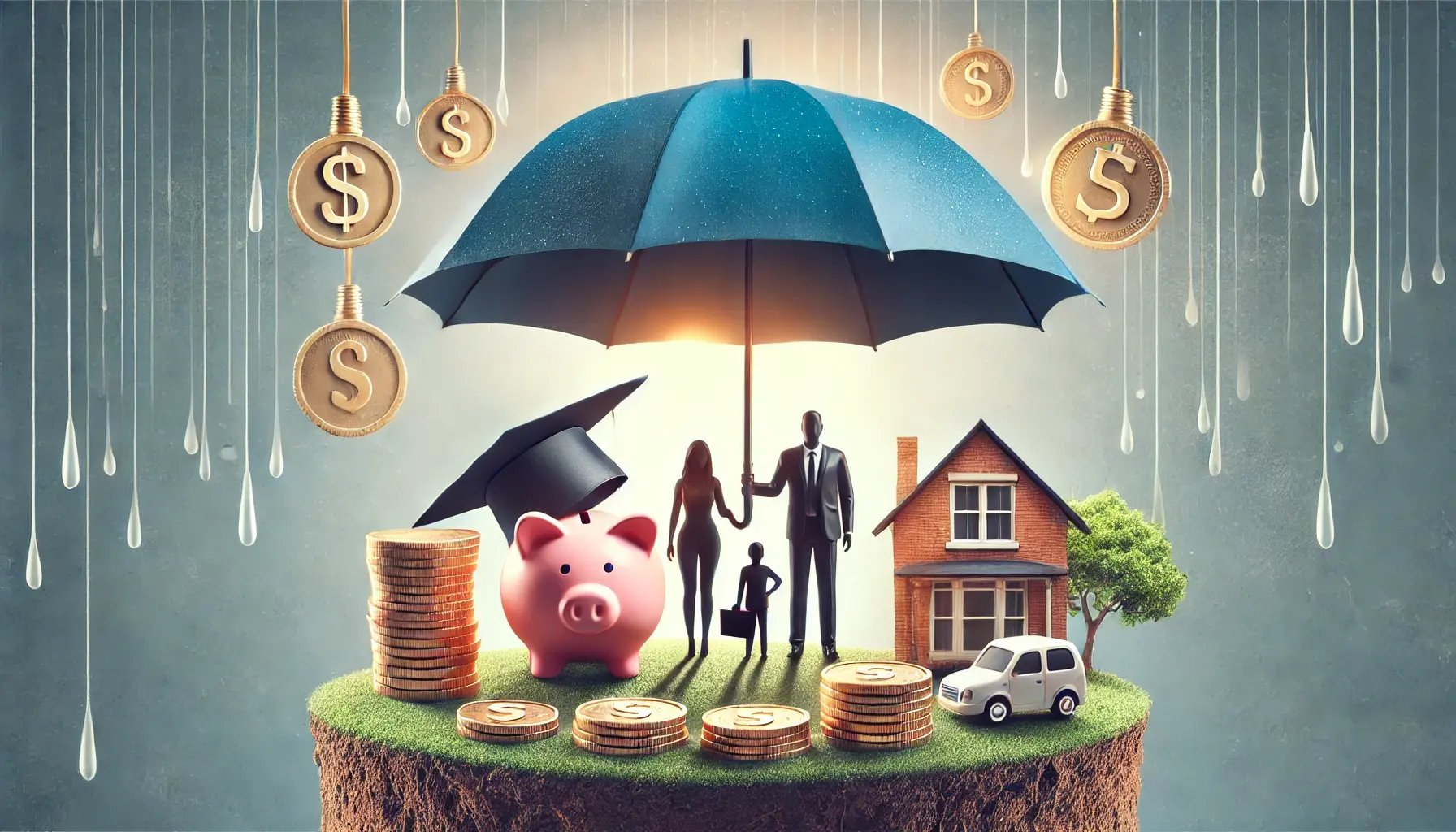 A conceptual image showing a family under the protection of a large umbrella symbolizing life insurance.