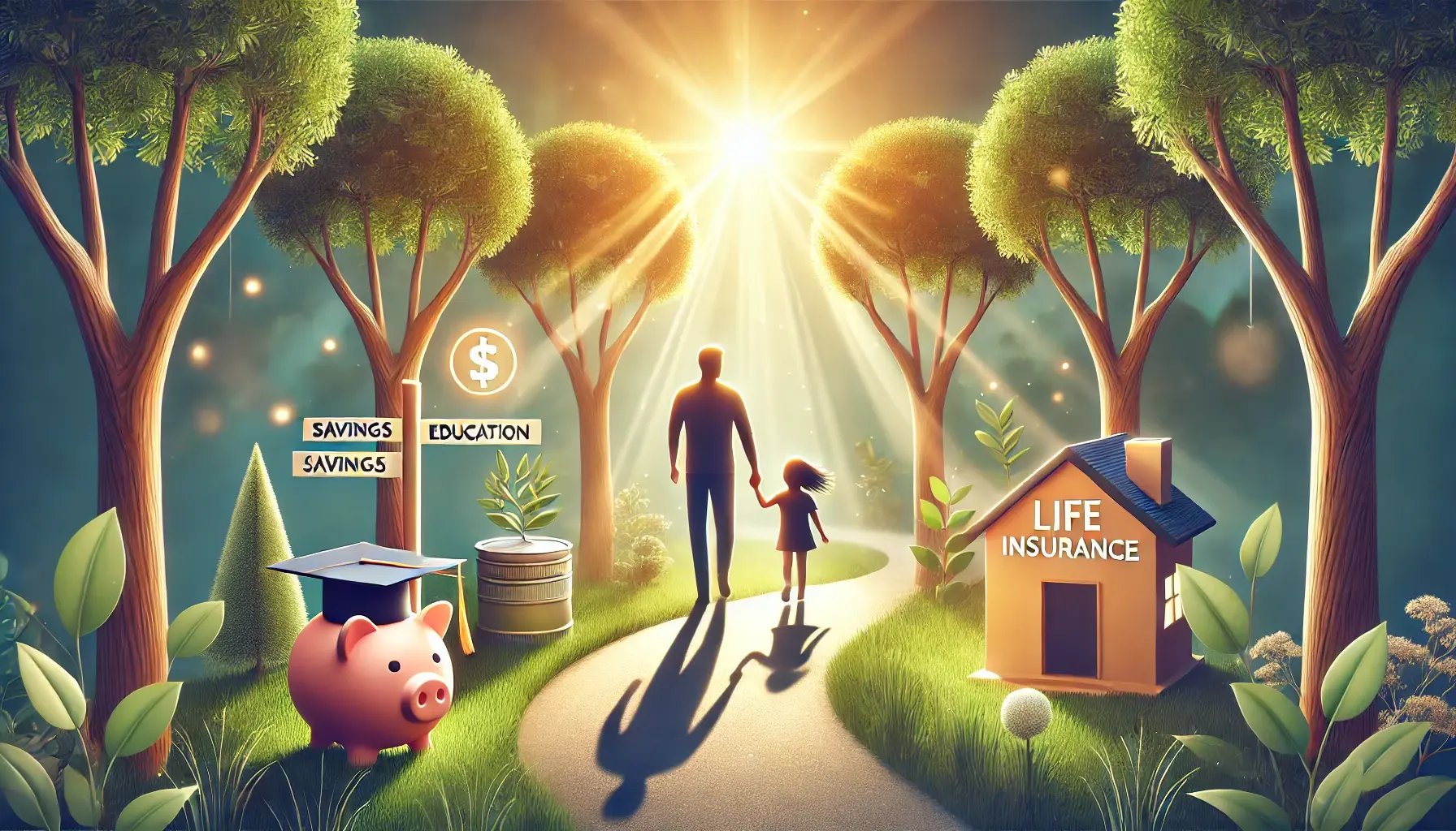 A serene outdoor scene where a family is walking together on a path surrounded by nature