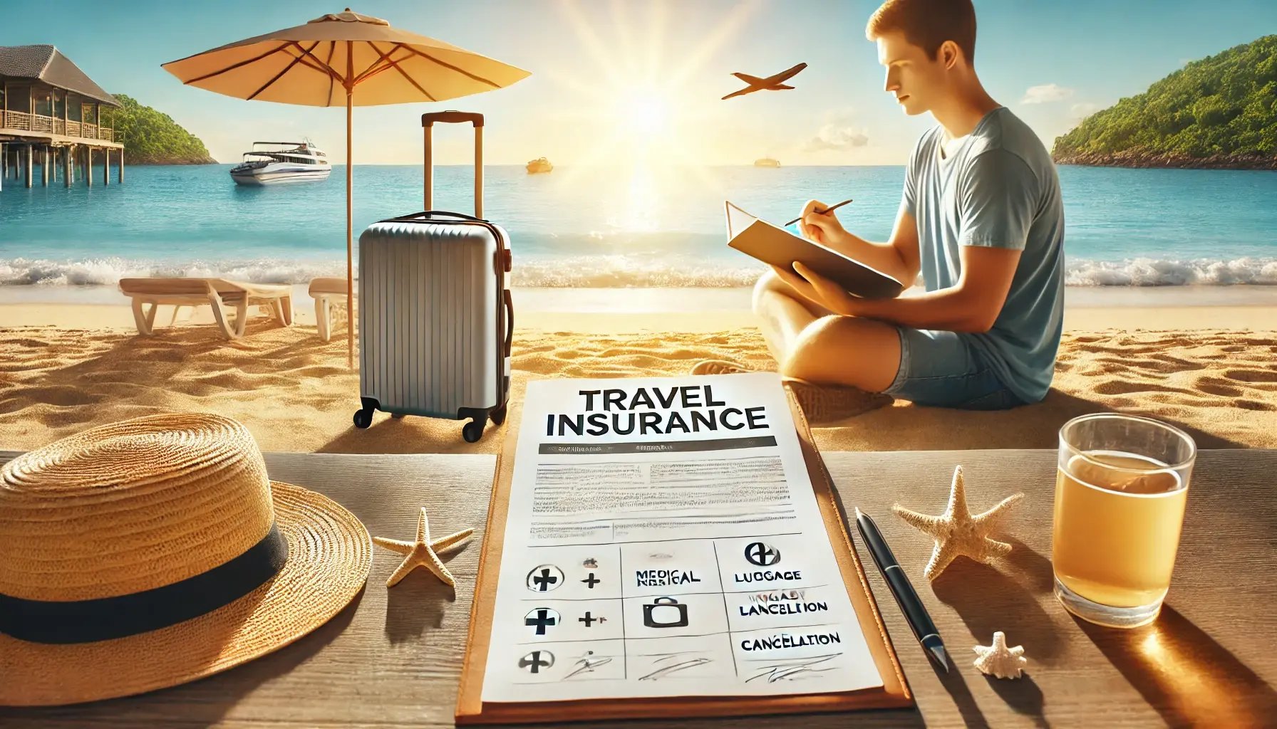 A traveler sitting in a sunny beach setting, with a suitcase next to them and an open travel insurance policy document on a table.