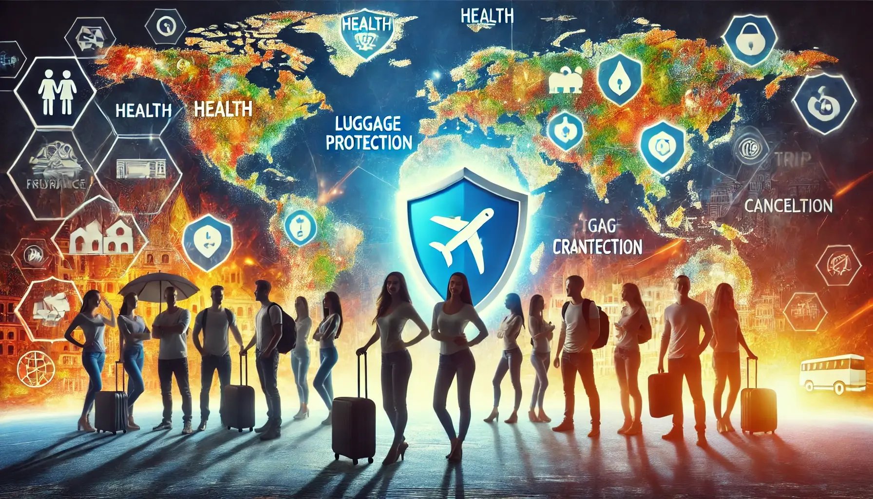 A group of diverse travelers standing in front of a world map with travel insurance icons hovering around them.