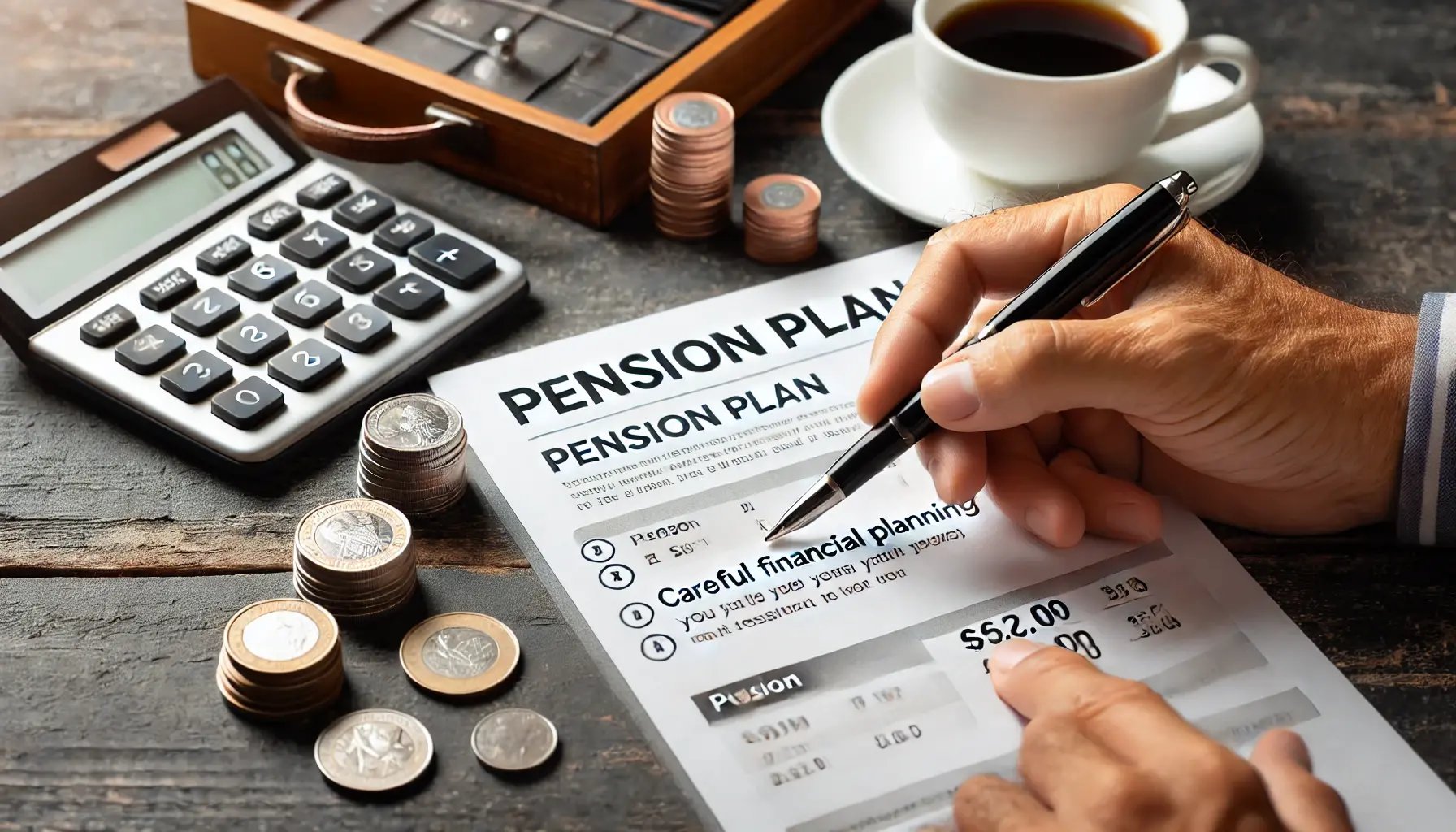 A close-up of a hand holding a pen, pointing at a pension plan document on a table. 