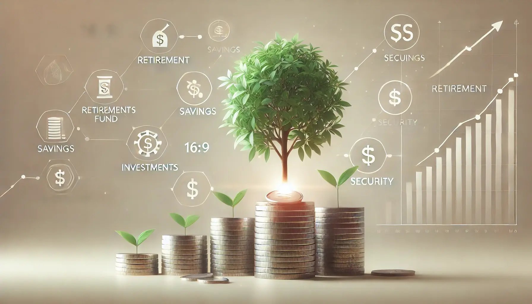 A digital representation of a retirement fund growing over time. A tree is growing out of a stack of coins.