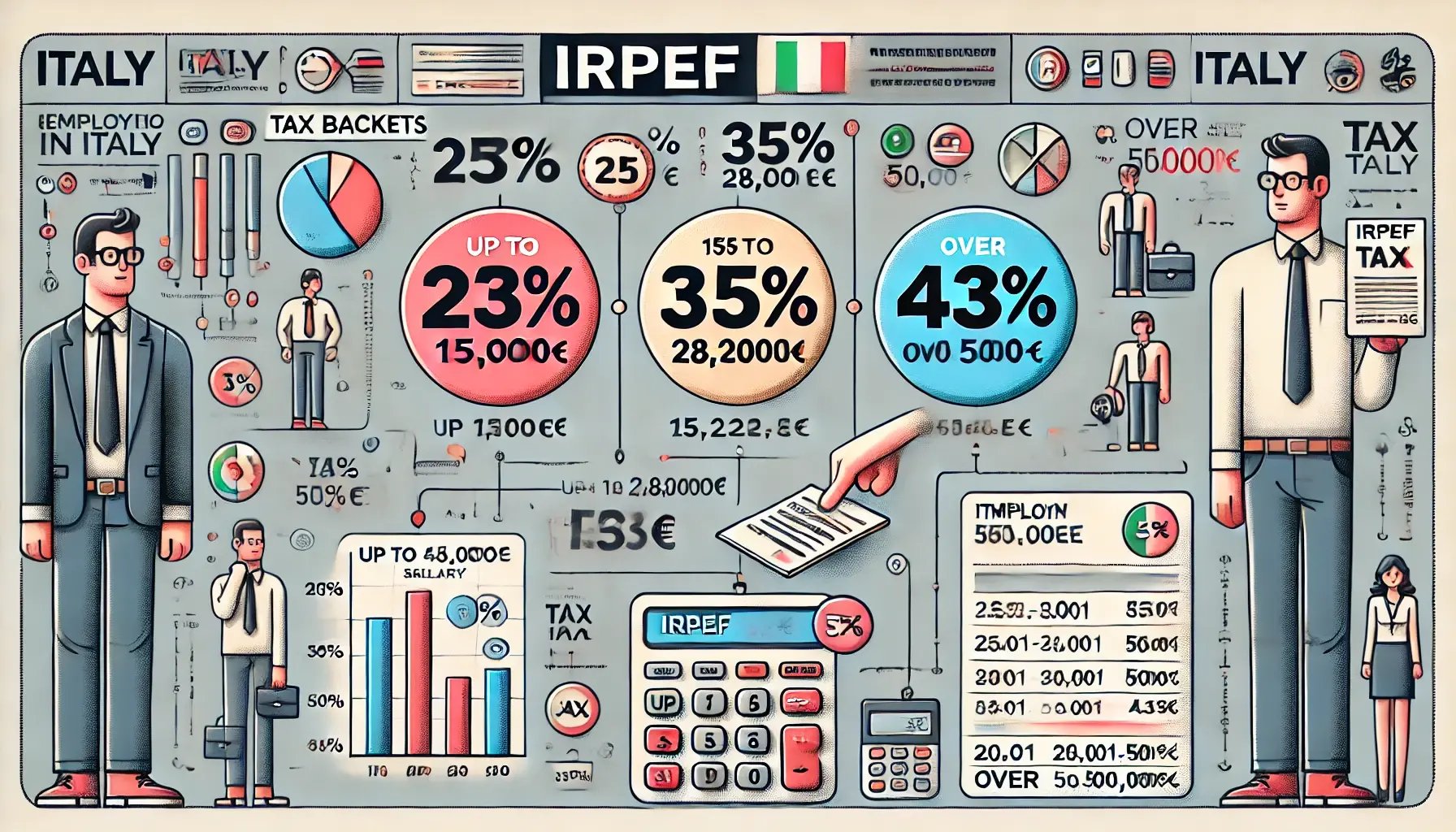 DALL·E 2024-09-25 14.45.40 - A detailed infographic showing the concept of IRPEF for employees in Italy. The image should include a visual representation of the tax brackets with 