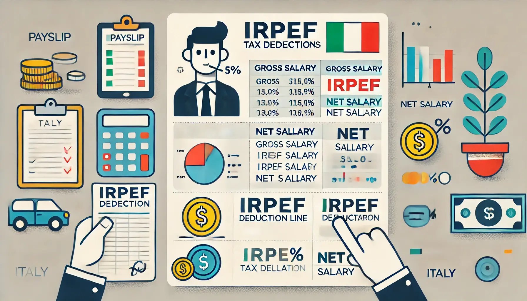 DALL·E 2024-09-25 14.45.44 - A simplified visual representation of an employees payslip showing IRPEF tax deductions in Italy. Focus on the key elements such as gross salary, IRP-1