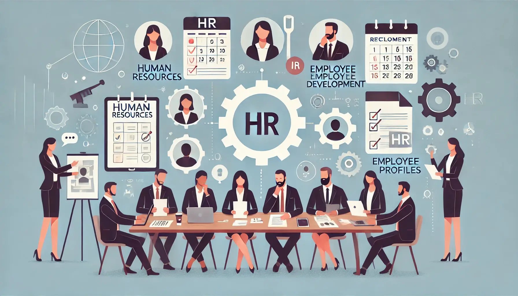 DALL·E 2024-09-27 17.20.14 - A simple and generic depiction of human resources, with an emphasis on teamwork, employee development, and recruitment. The image features a group of 