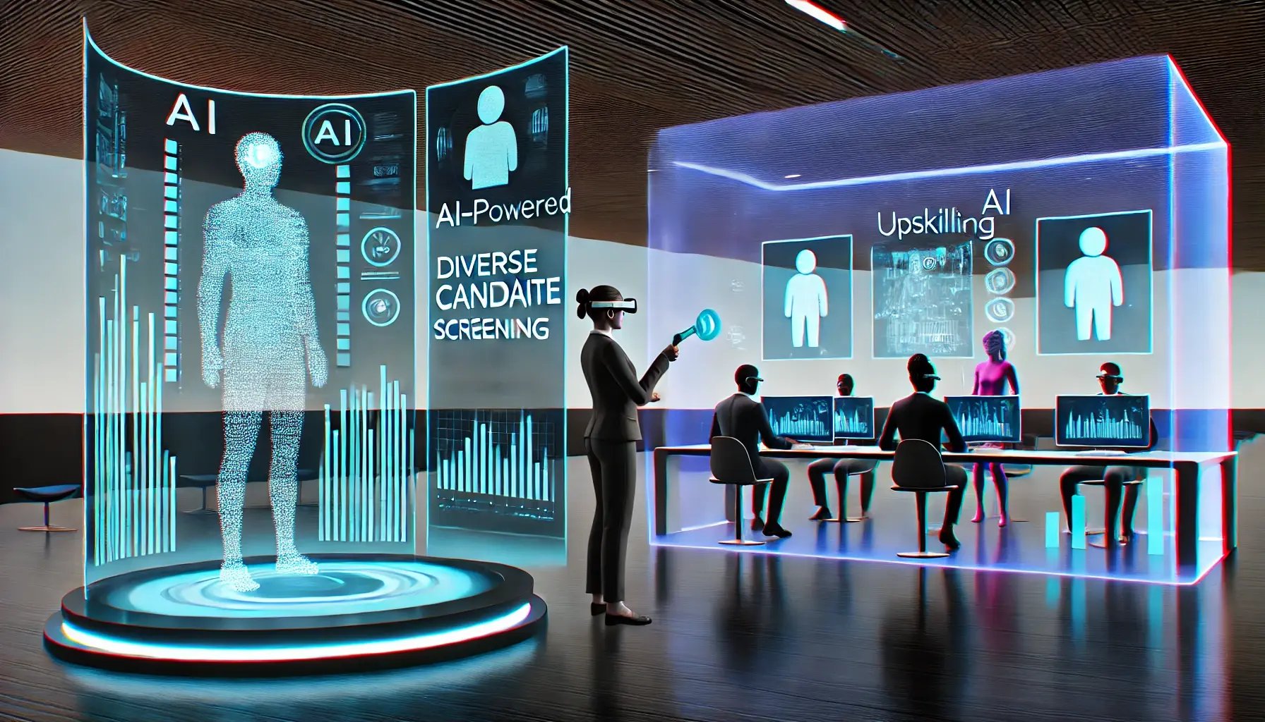 DALL·E 2024-09-27 17.20.25 - A scene illustrating the impact of artificial intelligence on human resource processes. On one side, AI-powered tools are used for diverse candidate s