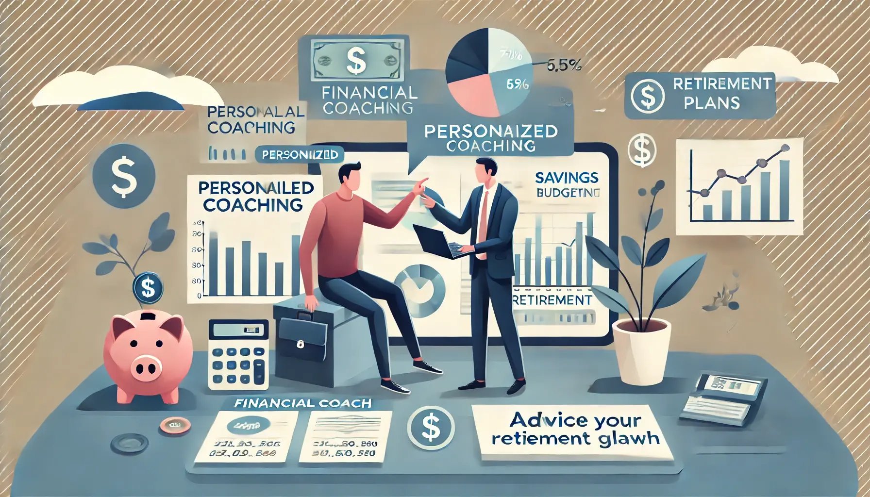 DALL·E 2024-10-02 17.32.33 - A visual representation of a person working with a financial coach or expert, with various financial charts and graphs surrounding them. The scene hig