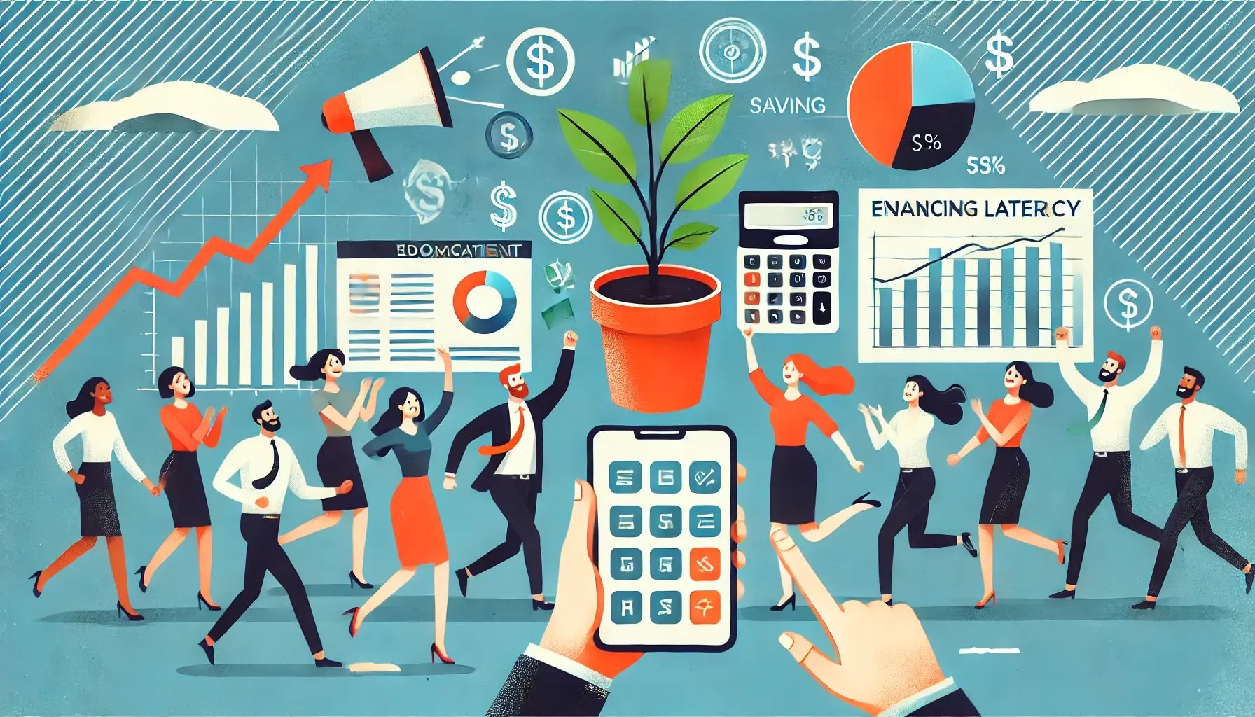 DALL·E 2024-10-02 17.32.35 - A creative illustration showing the benefits of financial education for employees. The image features a group of workers happily interacting with fina