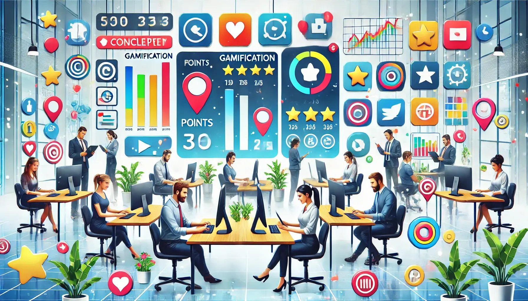 DALL·E 2024-10-09 14.28.01 - A general concept illustration of gamification in a corporate environment, with digital elements such as points, badges, leaderboards, and progress ba