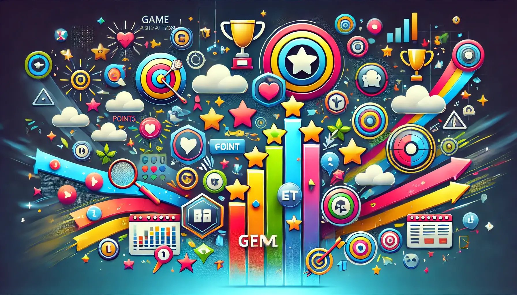 DALL·E 2024-10-09 14.28.45 - A vibrant illustration of the concept of gamification, featuring game-like elements such as points, badges, levels, progress bars, leaderboards, and r