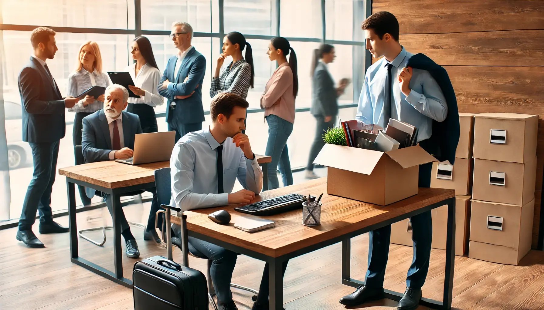 DALL·E 2024-10-11 16.32.07 - A busy corporate office where one employee is packing up a desk while others are gathered in a meeting, symbolizing a job transition. The employee pac