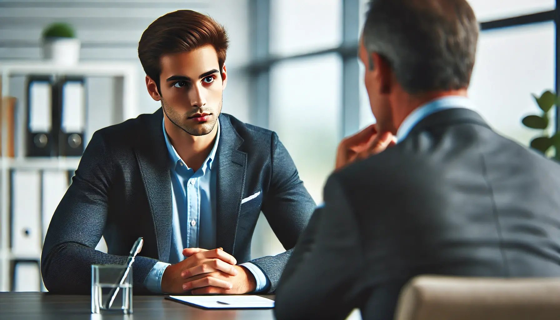 DALL·E 2024-10-11 16.33.54 - An office setting with a Human Resources (HR) manager and an employee having a serious one-on-one meeting. Both are of similar age and are seated at a