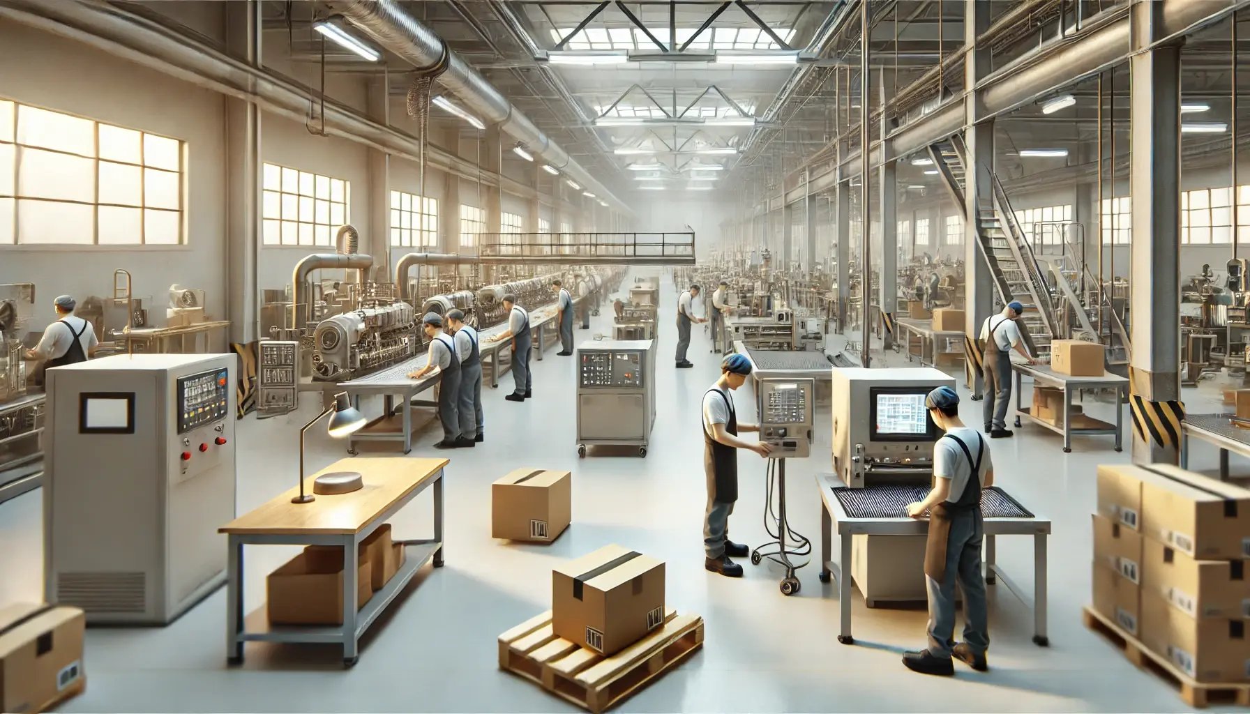 DALL·E 2024-10-16 18.34.20 - A simple, realistic factory floor scene where workers are operating machinery at a steady pace. The setting is functional, with industrial equipment a