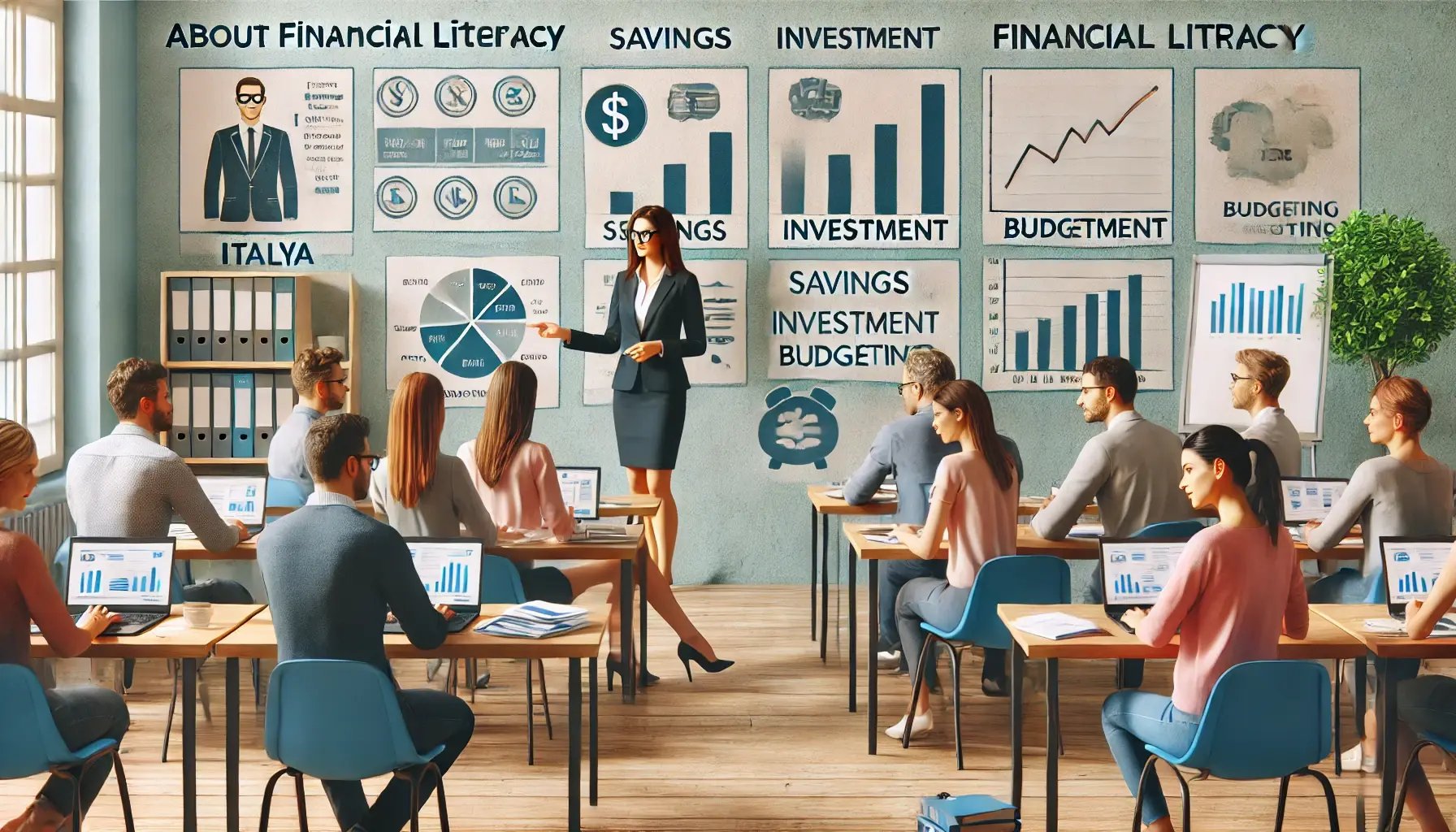 DALL·E 2024-10-18 19.38.55 - An educational scene showing adults in a classroom learning about financial literacy in Italy. The setting includes charts about personal finances on 