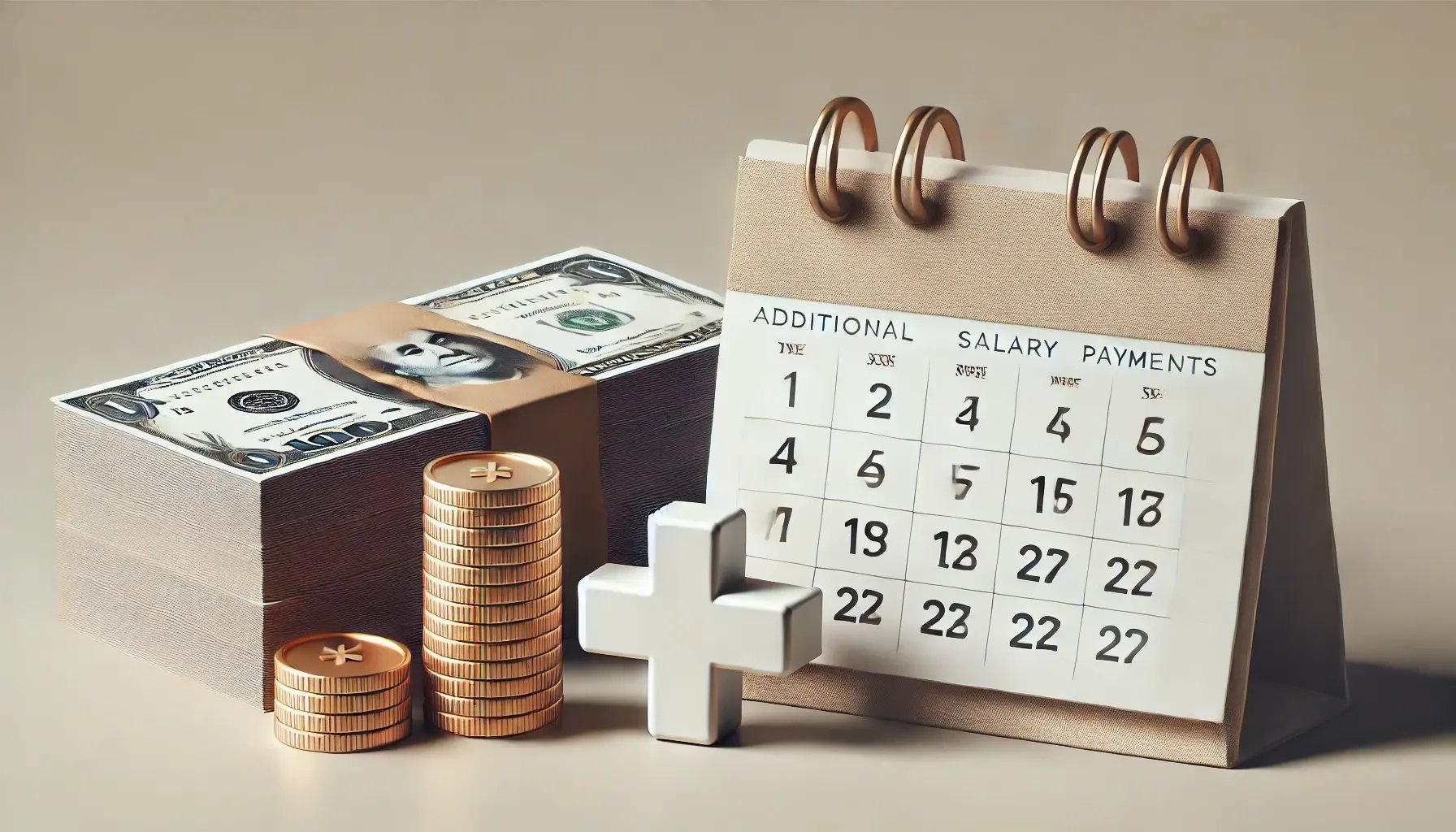 DALL·E 2024-10-30 17.30.02 - A minimalistic financial image with stacks of coins and banknotes beside a small calendar or plus sign, symbolizing additional salary payments, in a c