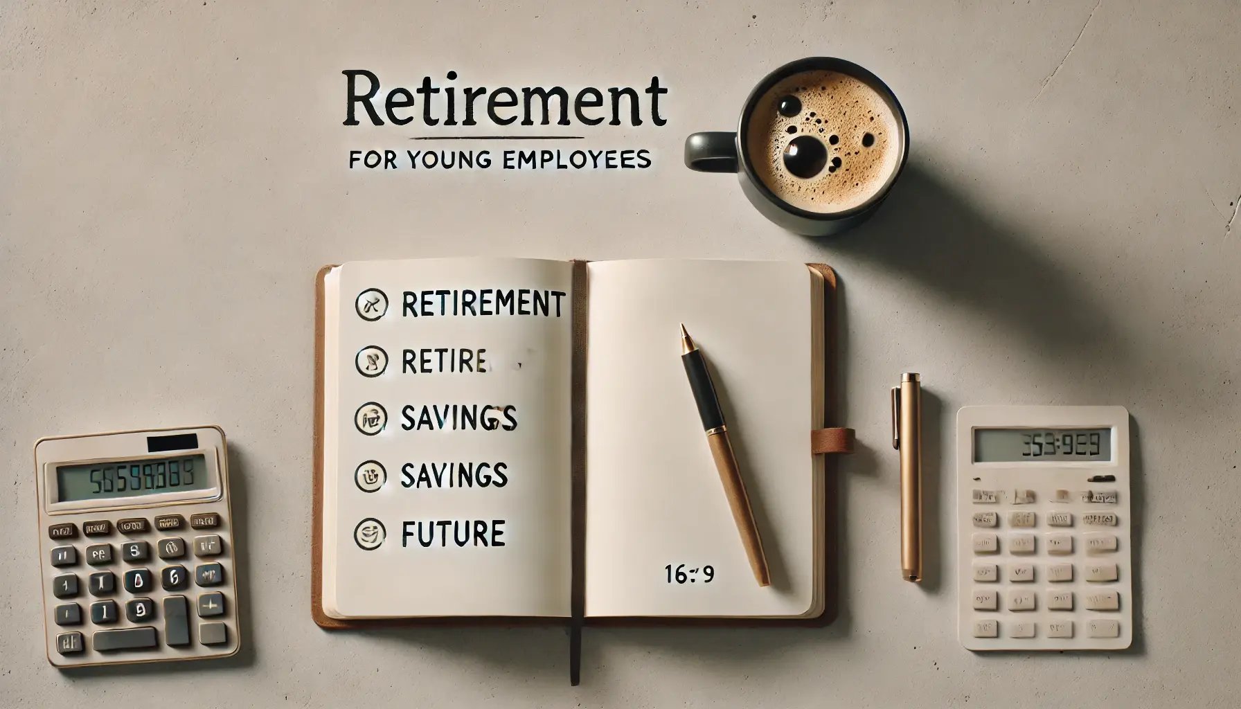 DALL·E 2024-11-06 18.14.19 - A simple, 16_9 image representing retirement planning for young employees. Show an open notebook on a table with a pen and a coffee cup, with keywords
