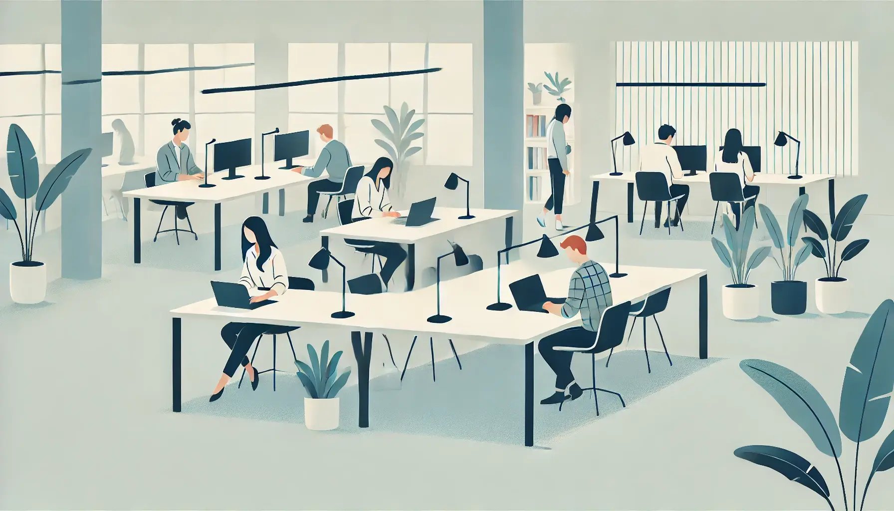 DALL·E 2024-11-06 18.14.30 - A simple image in a 16_9 aspect ratio of a modern office setting with young employees working at desks. The scene should be straightforward and unclut