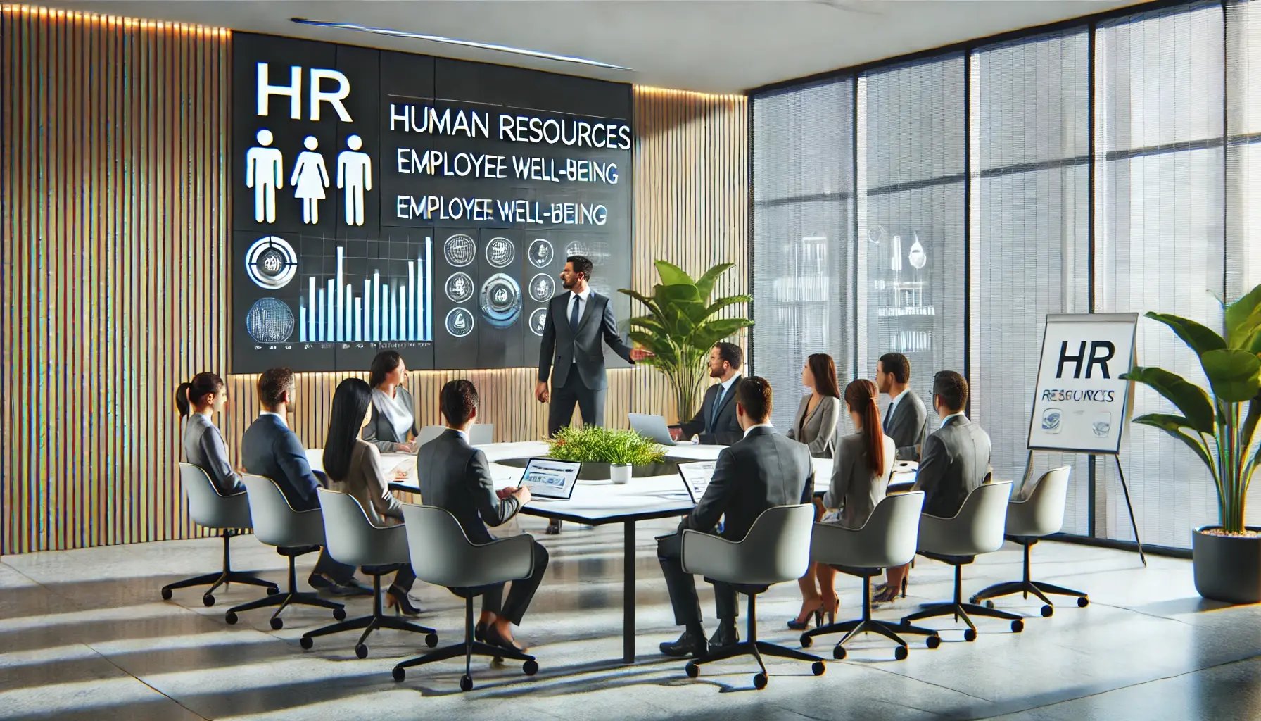DALL·E 2024-11-08 18.40.24 - An office environment depicting a human resources scene_ a diverse team gathered in a modern conference room discussing recruitment and employee well-