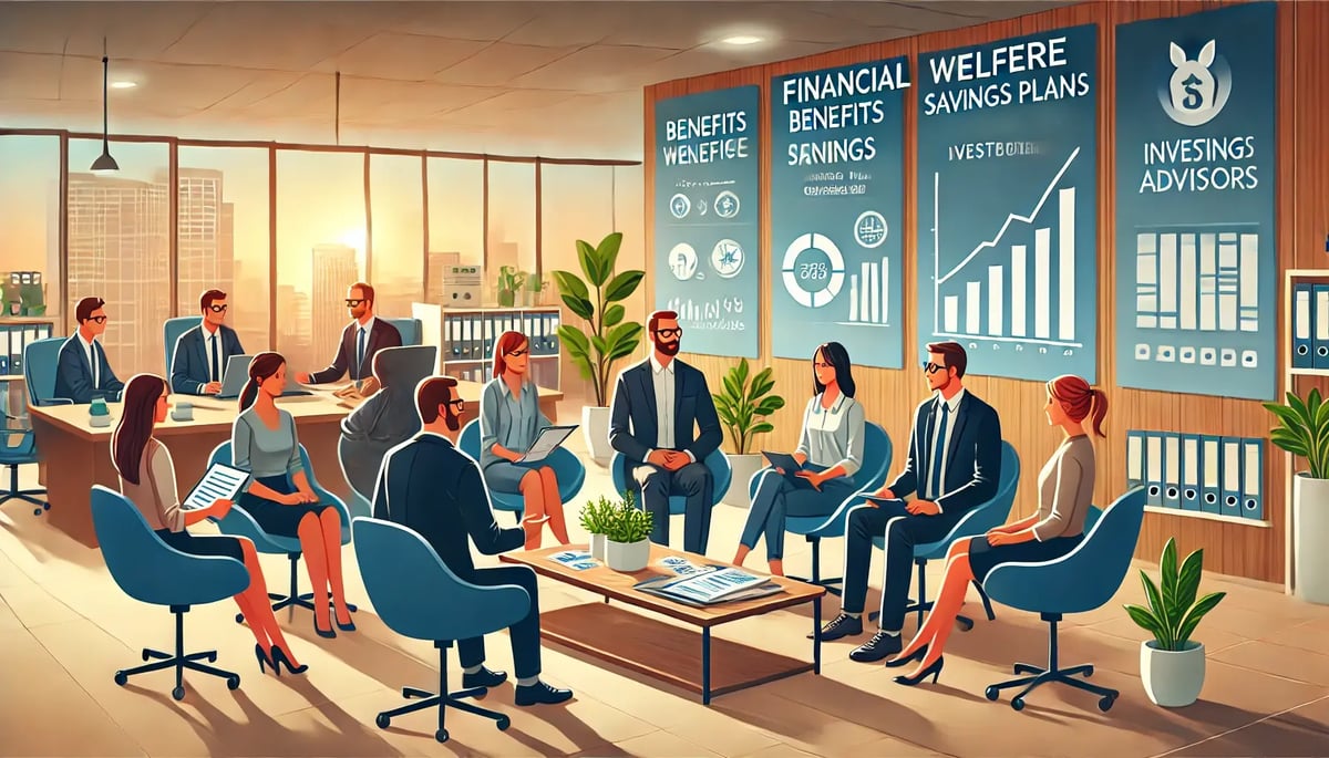 DALL·E 2024-11-08 18.41.29 - A corporate office scene representing financial welfare in the workplace_ employees sitting comfortably with financial advisors, discussing benefits, 